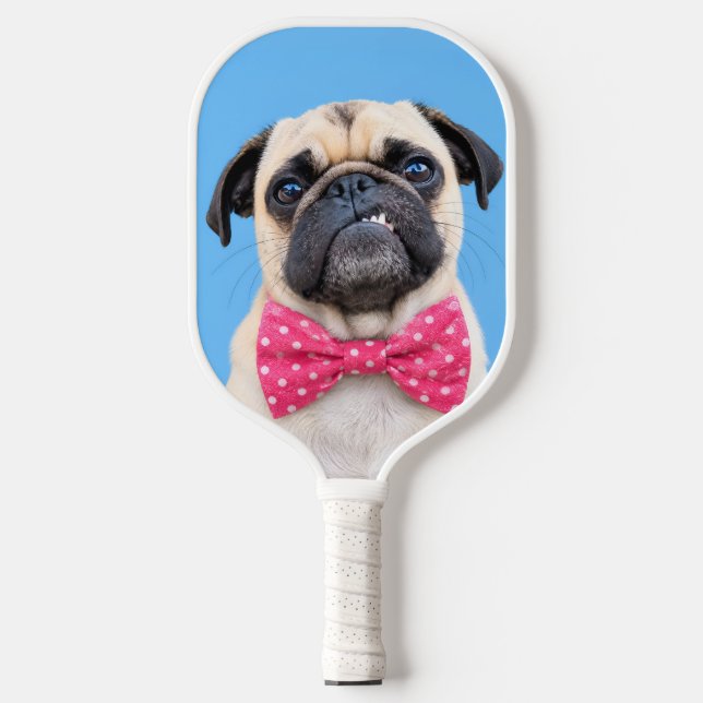 Pug Wearing Pink Bow Pickleball Paddle (Front)