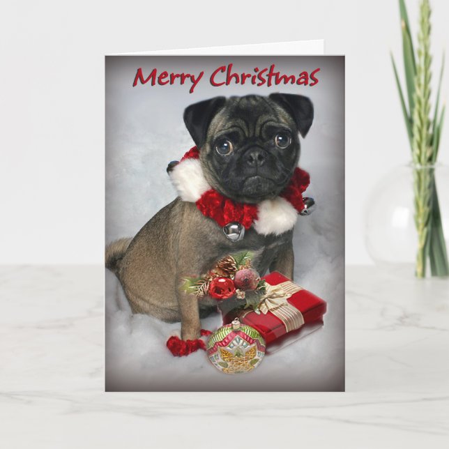 Pug Wishes you Merry Christmas Holiday Card (Front)