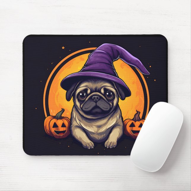 Pug Witch Bumkins Halloween Moon Mouse Mat (With Mouse)