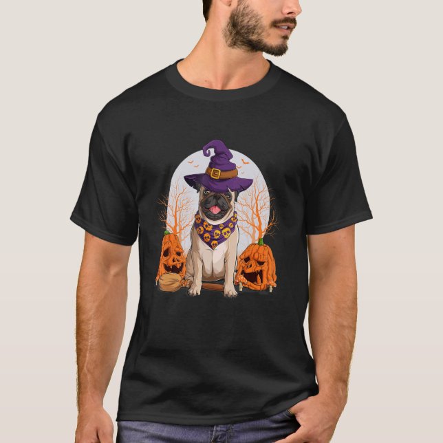 Pug Witch Halloween Dog Puppy Outfit Costume Trick T-Shirt (Front)