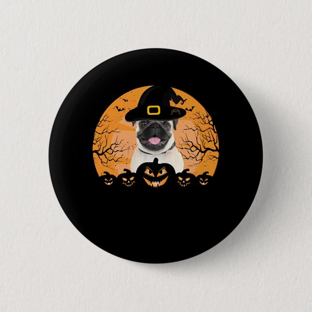 Pug Witch Hat Jack-o-Lantern Dogs Halloween T-Shir 6 Cm Round Badge (Front)
