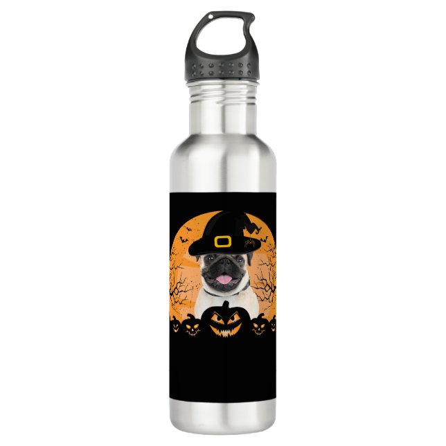 Pug Witch Hat Jack-o-Lantern Dogs Halloween T-Shir 710 Ml Water Bottle (Front)