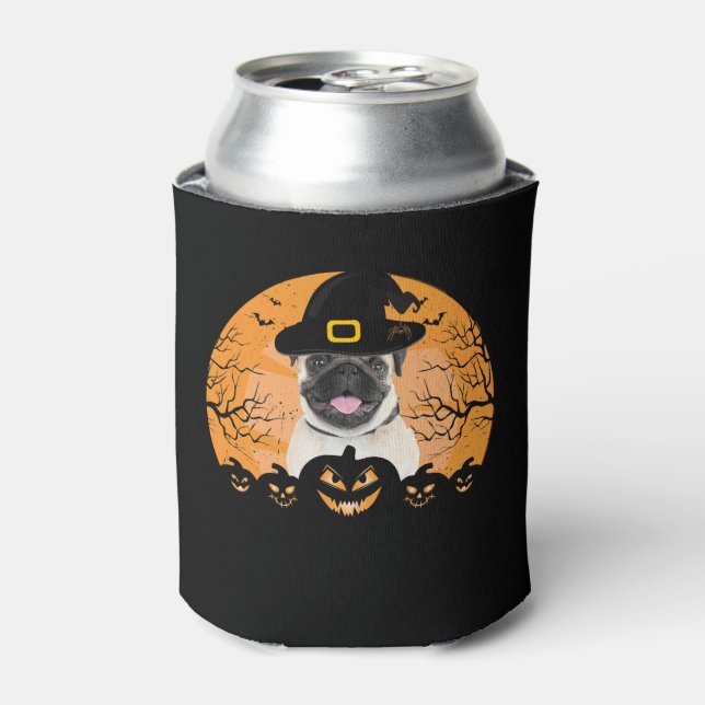 Pug Witch Hat Jack-o-Lantern Dogs Halloween T-Shir Can Cooler (Can Front)