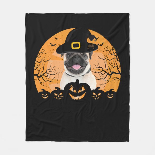 Pug Witch Hat Jack-o-Lantern Dogs Halloween T-Shir Fleece Blanket (Front)