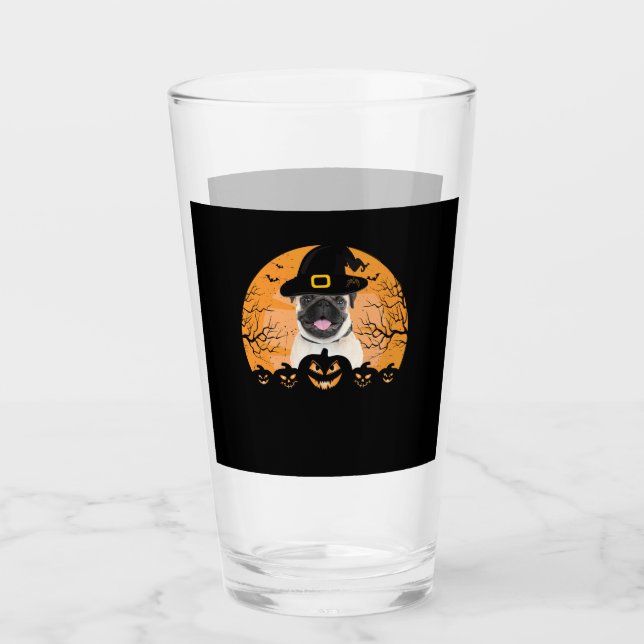 Pug Witch Hat Jack-o-Lantern Dogs Halloween T-Shir Glass (Front)