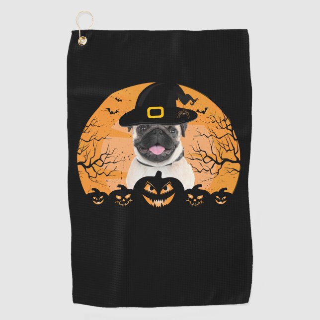 Pug Witch Hat Jack-o-Lantern Dogs Halloween T-Shir Golf Towel (Front)