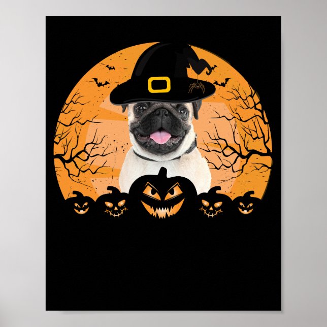 Pug Witch Hat Jack-o-Lantern Dogs Halloween T-Shir Poster (Front)