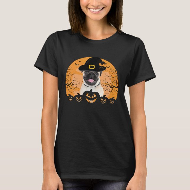 Pug Witch Hat Jack-o-Lantern Dogs Halloween T-Shir T-Shirt (Front)