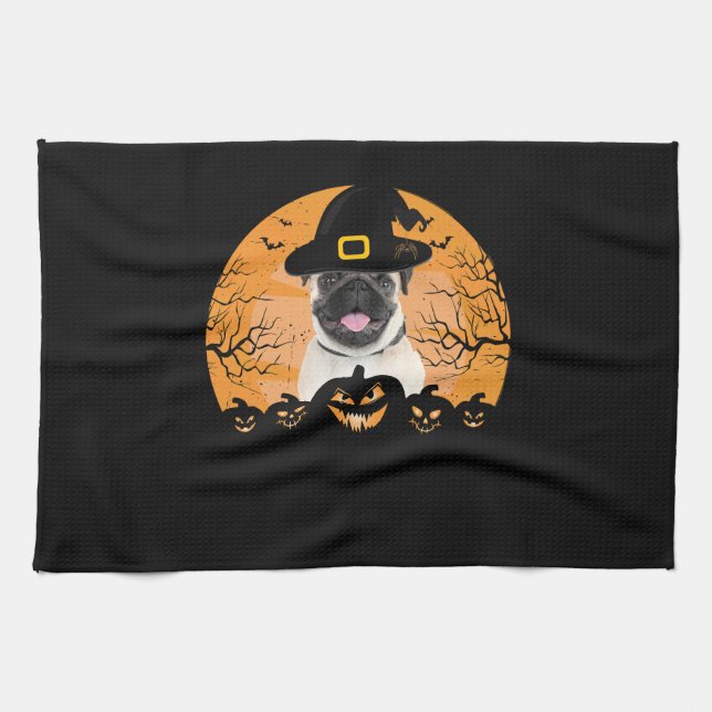 Pug Witch Hat Jack-o-Lantern Dogs Halloween T-Shir Tea Towel (Horizontal)