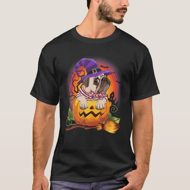 Pug Witch Pumpkin Halloween Dog Lover Costume T-Shirt (Front)