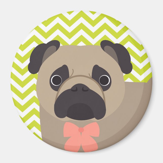 Pug With Bow Tie Green Chevron Stripe Pattern Magnet (Front)