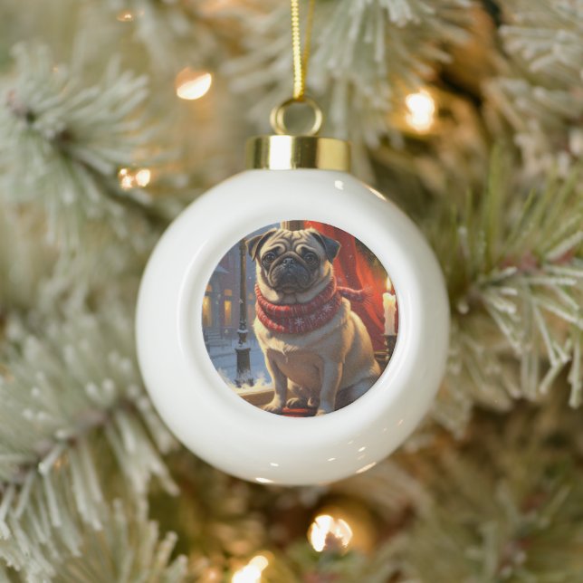 Pug with Christmas Lights Holiday Ceramic Ball Christmas Ornament (Tree)