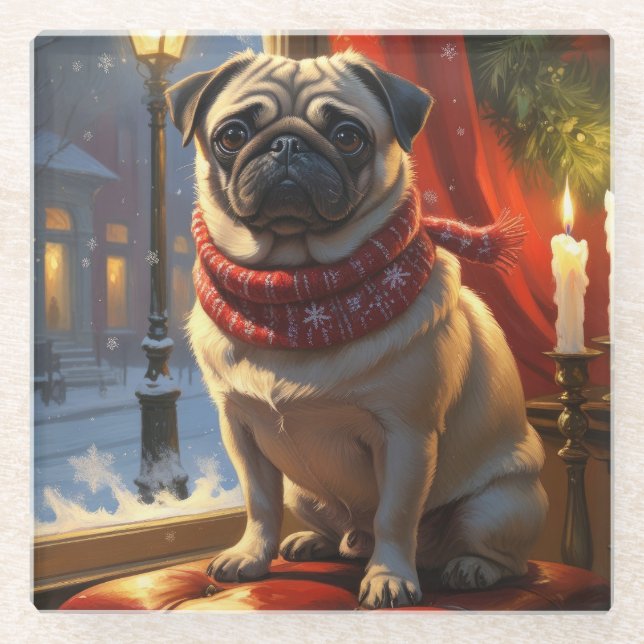 Pug with Christmas Lights Holiday Glass Coaster (Front)