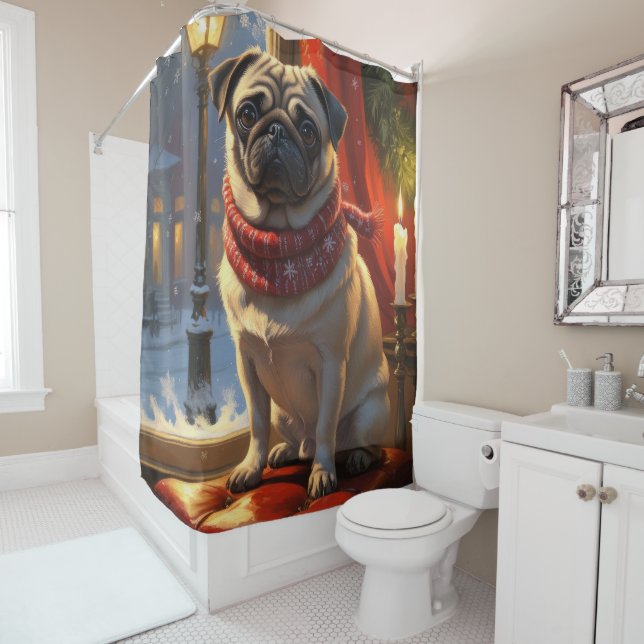 Pug with Christmas Lights Holiday Shower Curtain (In Situ)