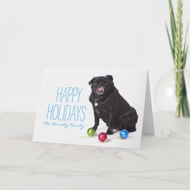 Pug With Christmas Ornaments Holiday Card (Front)