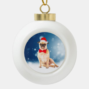 Pug with Christmas Santa Hat Ceramic Ball Christmas Ornament
