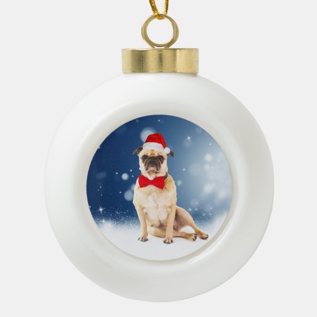 Pug with Christmas Santa Hat Ceramic Ball Christmas Ornament (Front)