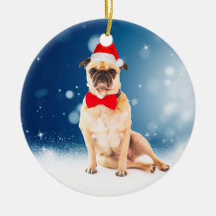 Pug with Christmas Santa Hat Ceramic Tree Decoration