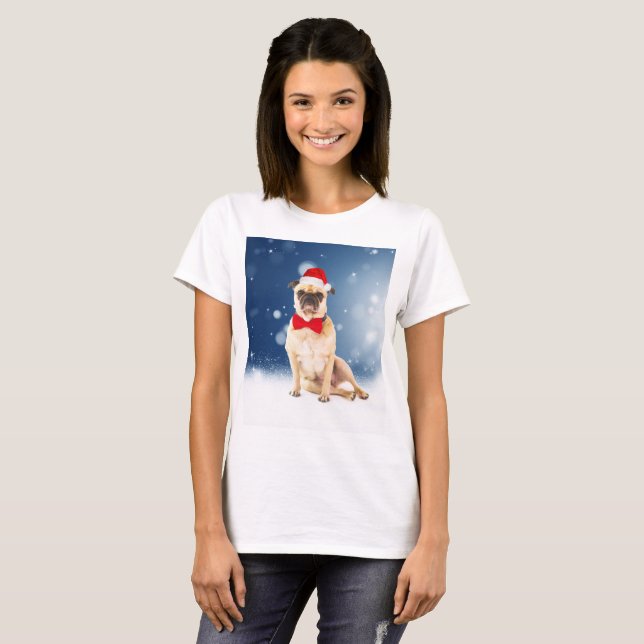 Pug with Christmas Santa Hat T-Shirt (Front Full)