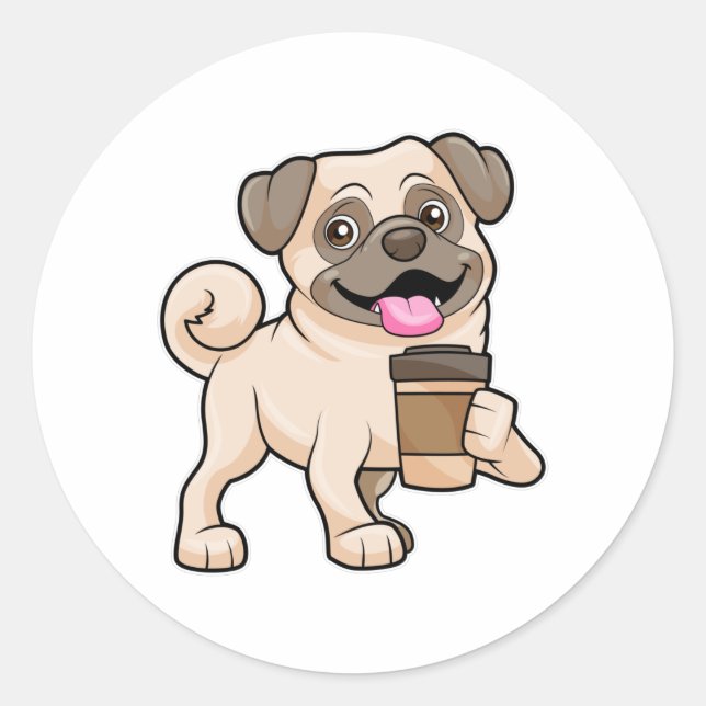 Pug with Coffee to go Classic Round Sticker (Front)