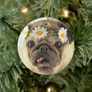 Pug with Daisy Crown Ceramic Tree Decoration