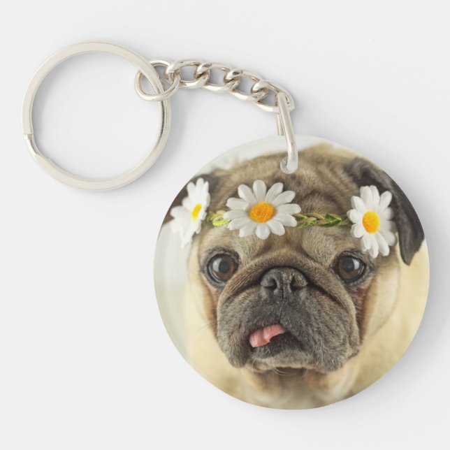 Pug with Daisy Crown Key Ring (Front)