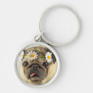 Pug with Daisy Crown Key Ring