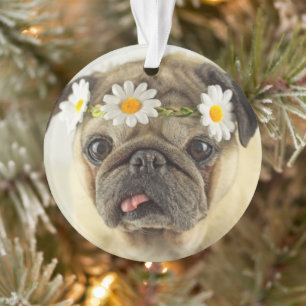 Pug with Daisy Crown Ornament