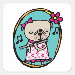 Pug with Flute Square Sticker