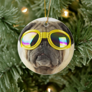 Pug with Goggles Ceramic Tree Decoration