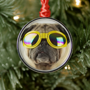 Pug with Goggles Metal Tree Decoration