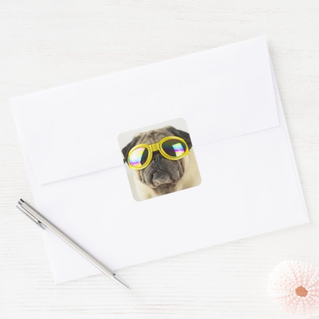 Pug with Goggles Square Sticker (Envelope)