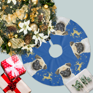 Pug with Gold Glitter Deer Christmas   Blue Brushed Polyester Tree Skirt