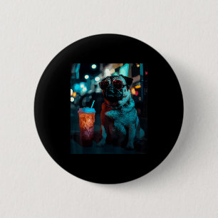 Pug with iced coffee 6 cm round badge