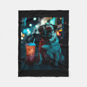 Pug with iced coffee fleece blanket