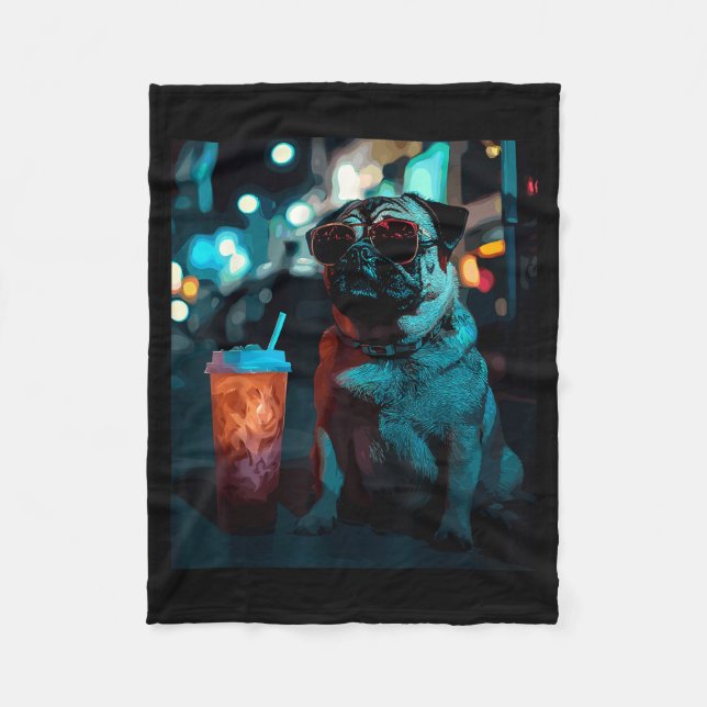 Pug with iced coffee  fleece blanket (Front)