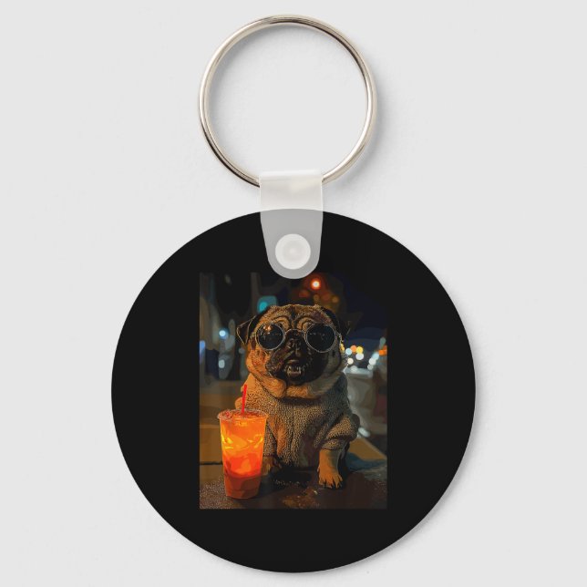 Pug with iced coffee  key ring (Front)