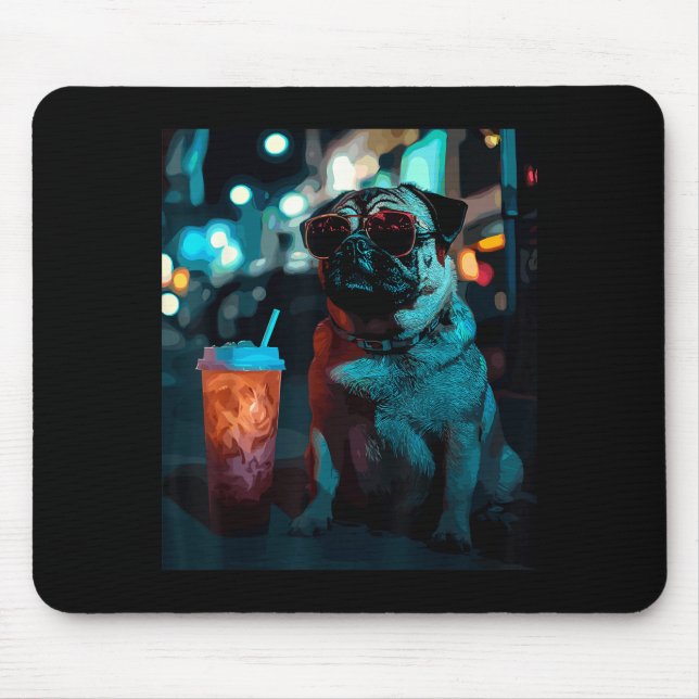 Pug with iced coffee  mouse mat (Front)