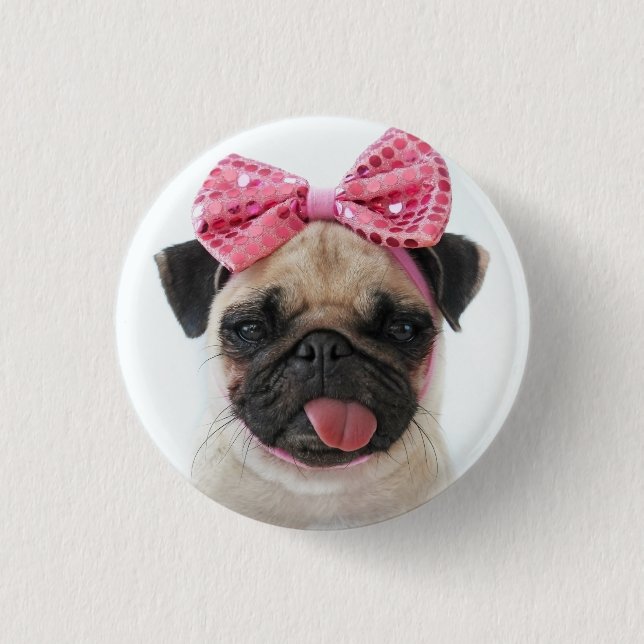 Pug with Pink Bow 3 Cm Round Badge (Front)
