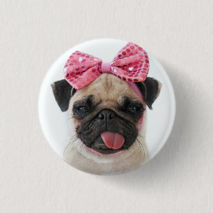 Pug with Pink Bow 3 Cm Round Badge