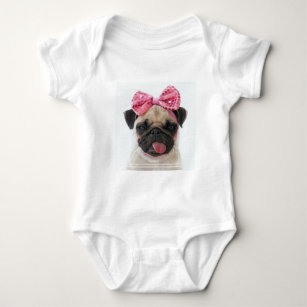 Pug with Pink Bow Baby Bodysuit