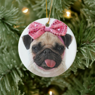 Pug with Pink Bow Ceramic Tree Decoration