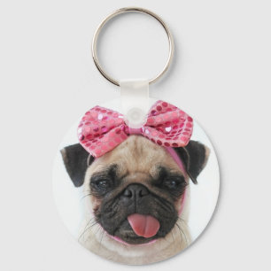 Pug with Pink Bow Key Ring