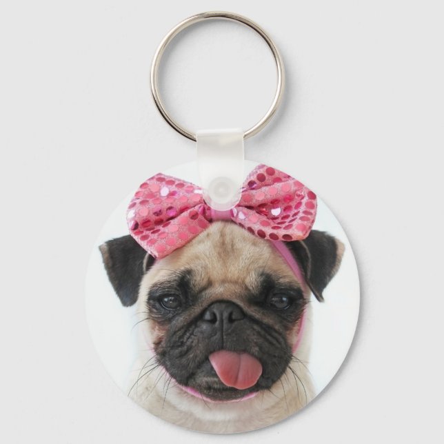 Pug with Pink Bow Key Ring (Front)