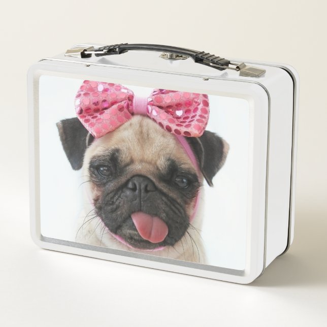 Pug with Pink Bow Metal Lunch Box (Back)