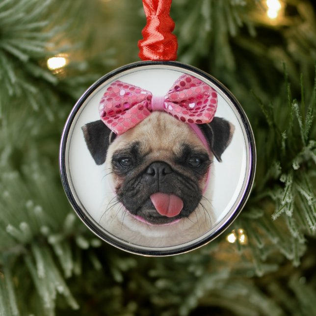 Pug with Pink Bow Metal Tree Decoration (Tree)