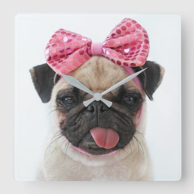 Pug with Pink Bow Square Wall Clock (Front)