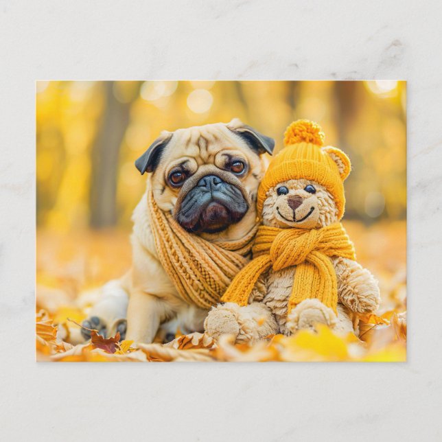 Pug with Plush Toy in Autumn Forest Postcard (Front)