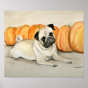 "Pug with Pumpkins" Dog Art Print