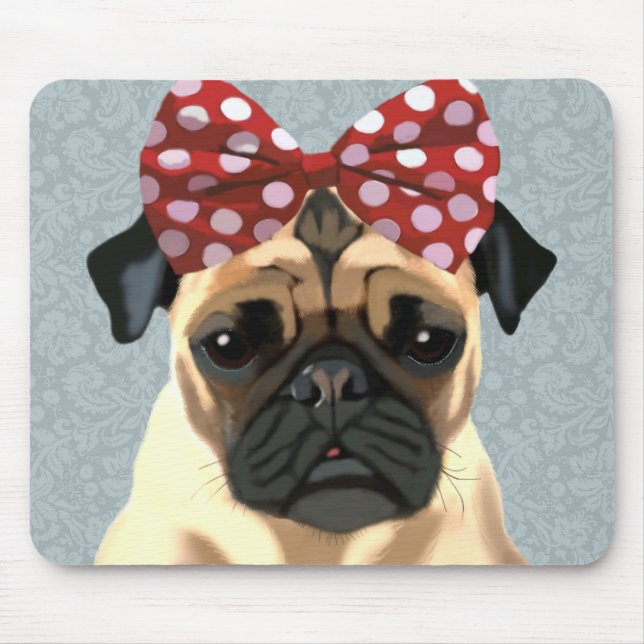 Pug with Red Spotty Bow On Head 2 Mouse Mat (Front)